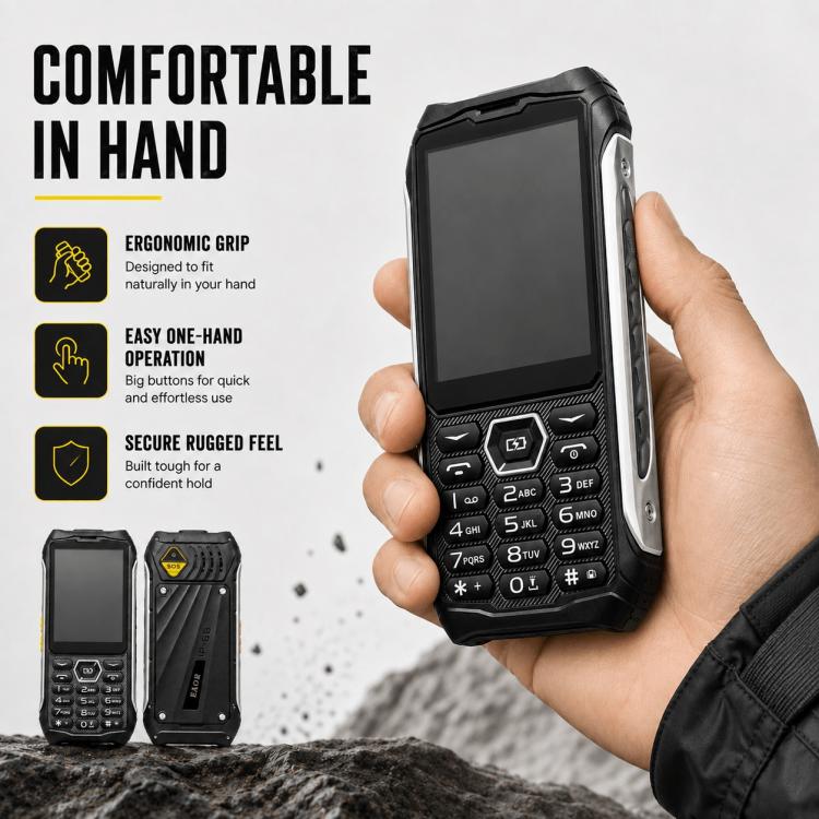 HP336 4G IP68 Rugged Phone, 3.5 inch, 4500mAh Battery, Network: 4G, BT, FM, SOS, Torch, EU Plug, US Plug, UK Plug – Shockproof, Waterproof, TPU
