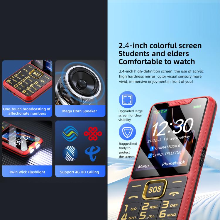YEEMI K3+ 4G Keypad Phone, 2.4 inch, LED Flashlight, Big Keyboard Big Fonts, SOS, Network: 4G, Dual SIM – Card Slot, Bluetooth, TPU