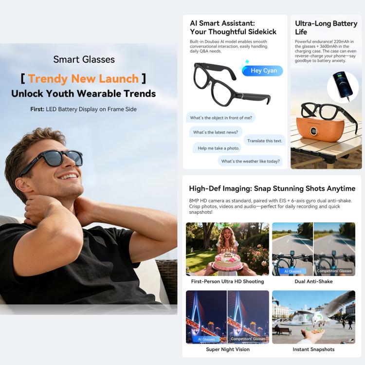 X01 Ultra Cycling Smart AI Sports Glasses 8MP HeyCyan, Six-axis Image Stabilization, Wi-Fi, BT Call, AI Voice Assistant, AI Translation