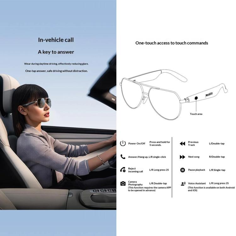 Yesido IO44 Smart Audio Glasses, Bluetooth-Compatible 5.4 Open-Ear Headphones / Polarized Sunglasses with Microphone for Travel / Business, IO44