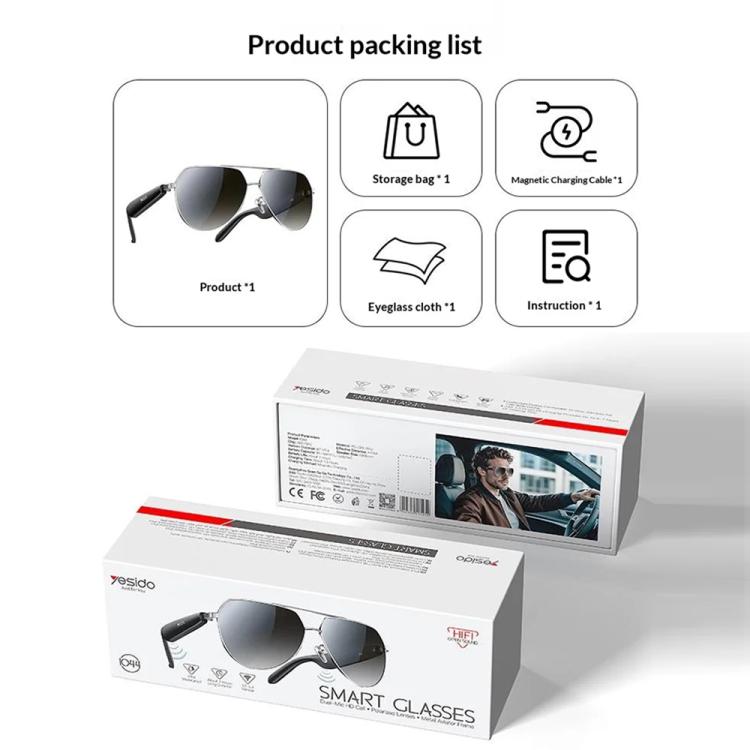 Yesido IO44 Smart Audio Glasses, Bluetooth-Compatible 5.4 Open-Ear Headphones / Polarized Sunglasses with Microphone for Travel / Business, IO44