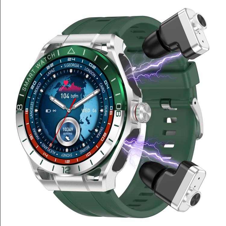 T95E 1.52-inch Display 2-in-1 Smart Sports Watch TWS Bluetooth Earphones Silver Green