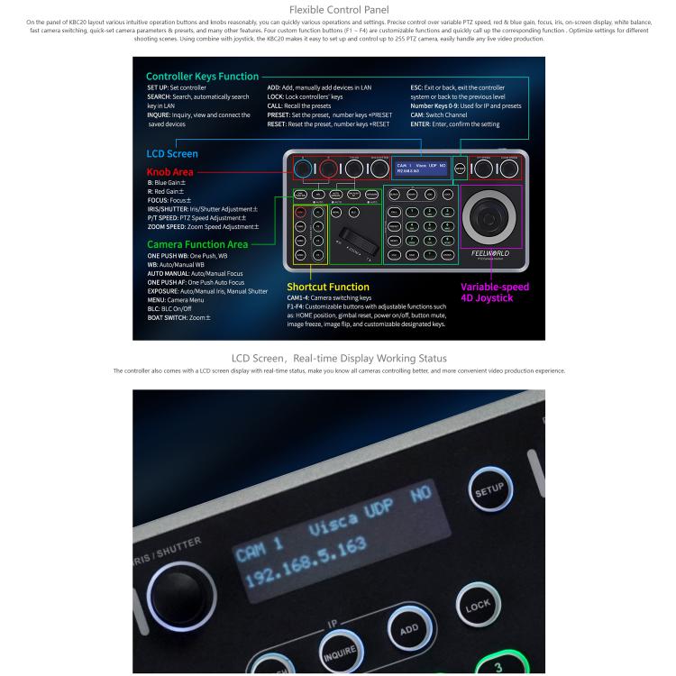FEELWORLD KBC20 NDI PTZ Camera Controller Joystick Keyboard Control Multiple Control Protocol PoE Supported, EU Plug, US Plug, UK Plug, AU Plug