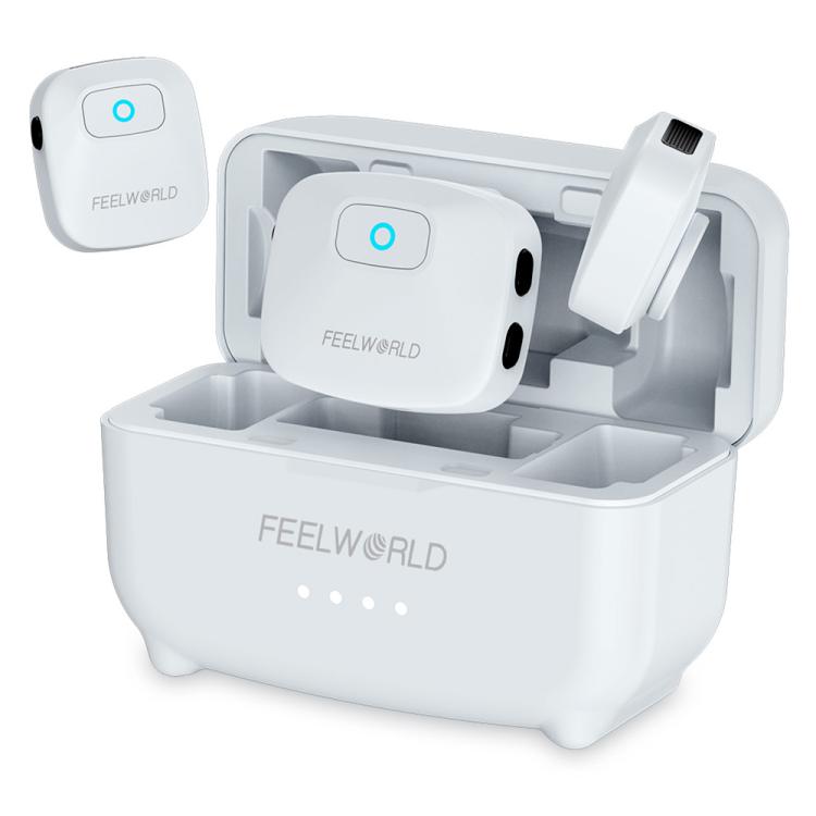 FEELWORLD LM1 Wireless Lavalier Microphone for Phone Computer Camera, 2TX + 1RX + Charging Case White