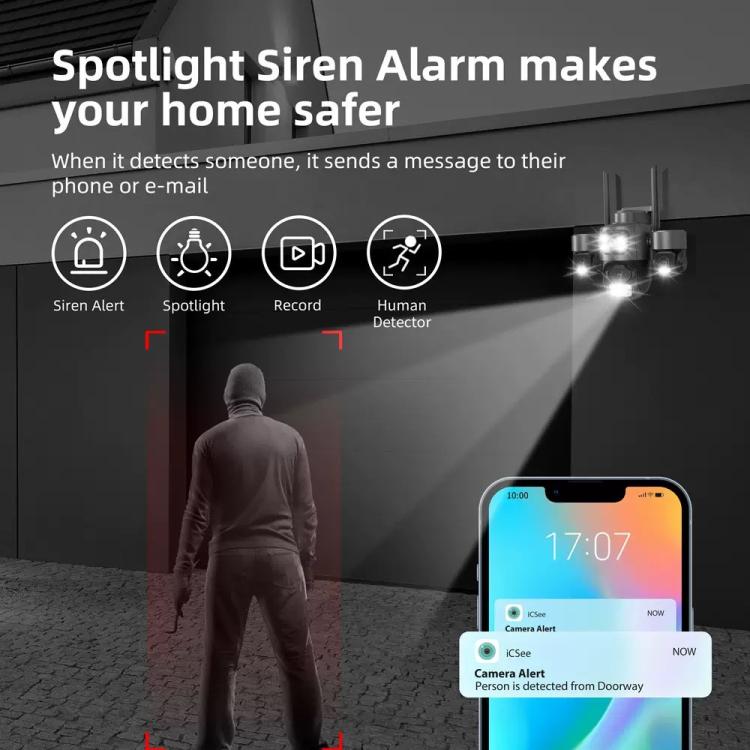 ICSee Triple-Lens 3MP Wireless WiFi Security Camera, Three-Screen Panoramic PTZ IP Camera with Full-Color Night Vision, US Plug, EU Plug