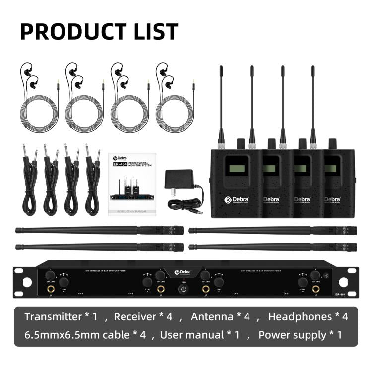 DEBRA ER-404 Professional Stage Monitoring System 4-in-1 Wireless In-Ear Headphones, US Plug, EU Plug, AU Plug, UK Plug