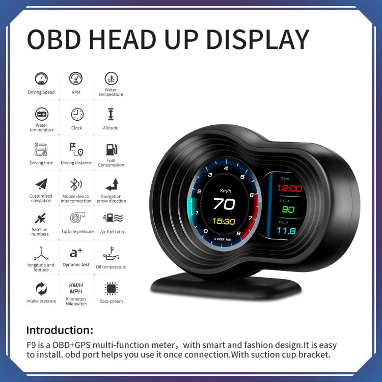 F9 OBD2 + GPS Mode Car HUD Head-up Display Speed / Water Temperature / Voltage Display, F9 OBD2 GPS – Bluetooth