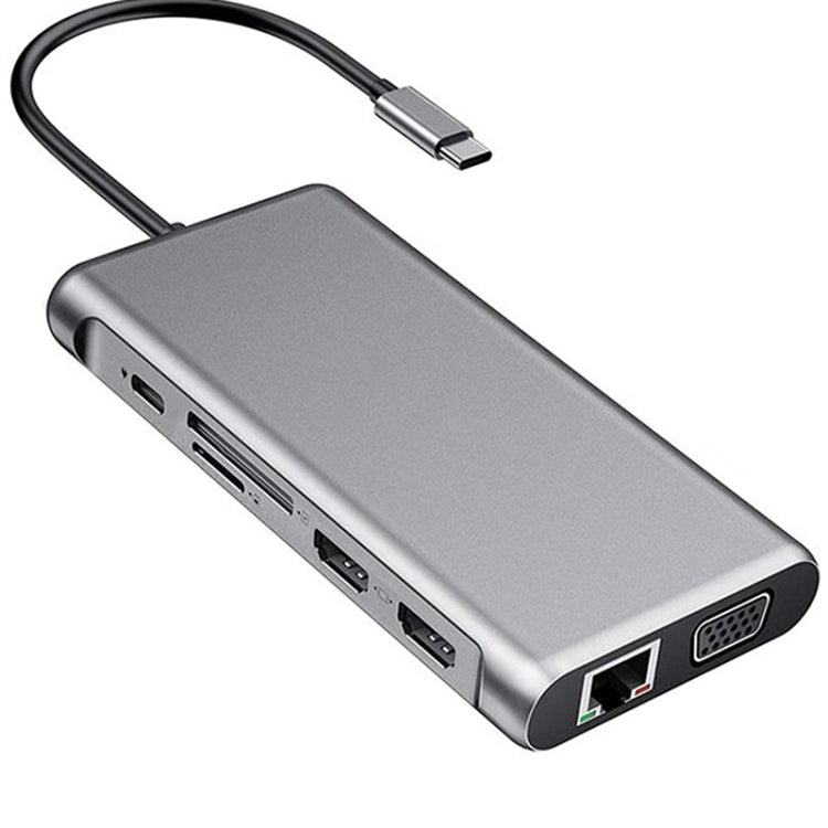 12 in 1 HDMI x2 + USB3.0 + USB2.0 + PD Charging + VGA + RJ45 + 3.5mm Jack + TF/SD x2 Type-C / USB-C HUB Docking Station – Aluminum Alloy, 4K Default Title