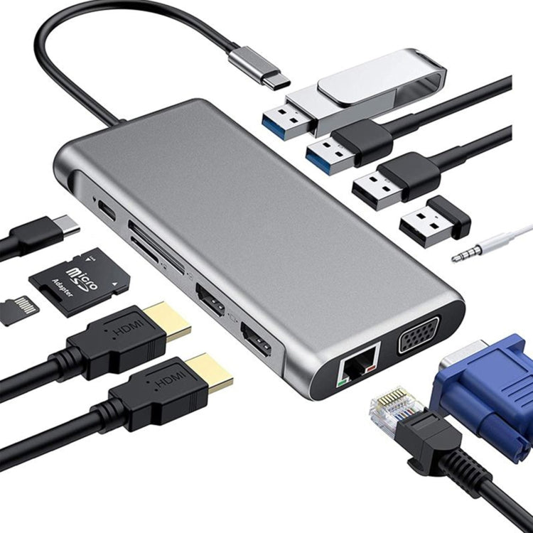 12 in 1 HDMI x2 + USB3.0 + USB2.0 + PD Charging + VGA + RJ45 + 3.5mm Jack + TF/SD x2 Type-C / USB-C HUB Docking Station – Aluminum Alloy, 4K