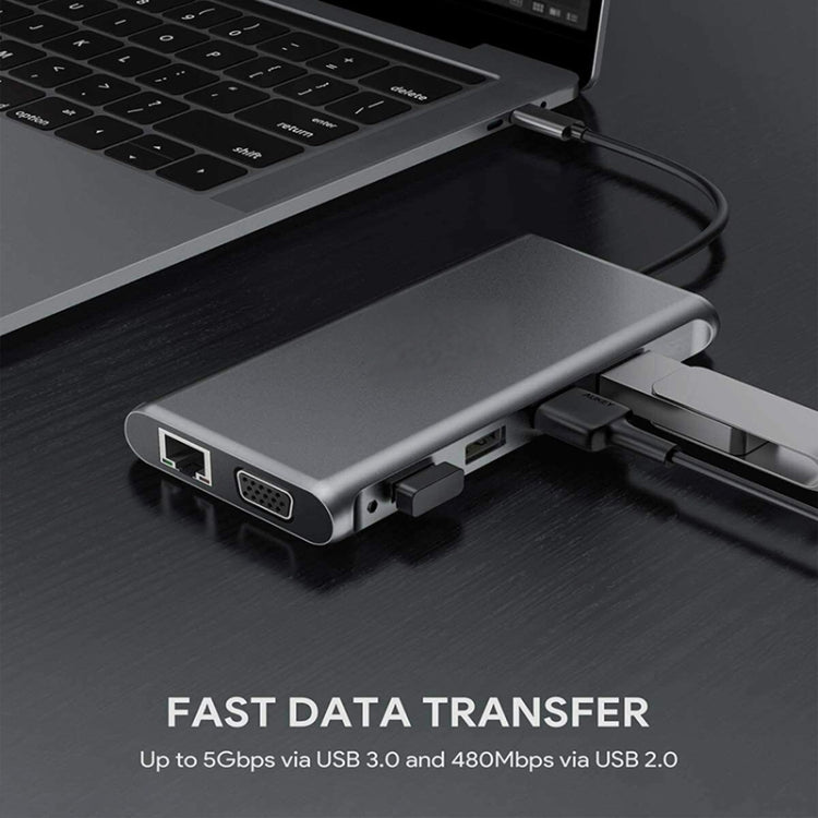 12 in 1 HDMI x2 + USB3.0 + USB2.0 + PD Charging + VGA + RJ45 + 3.5mm Jack + TF/SD x2 Type-C / USB-C HUB Docking Station – Aluminum Alloy, 4K