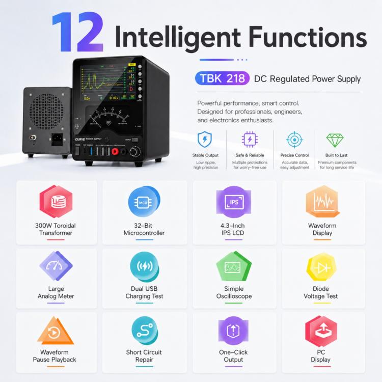TBK TBK-218 30V / 10A Intelligent Control Curved DC Regulated Power Supply with Pointer Meter, AU Plug, EU Plug, US Plug, UK Plug