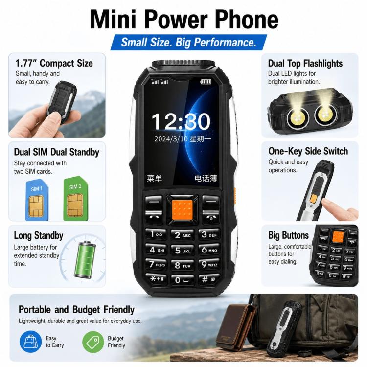 W2022 Rugged Phone, 1.77 inch, SC6531DA, Network: 2G, Dual SIM, BT, Torch – Durable Build, Easy to Use