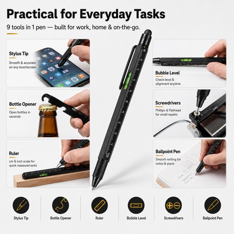 Multifunctional Metal Ballpoint Tool Pen Gift Set with Light, Bottle Opener, Stylus, and Ruler, Lid and Base Box, Color Box – Non-slip