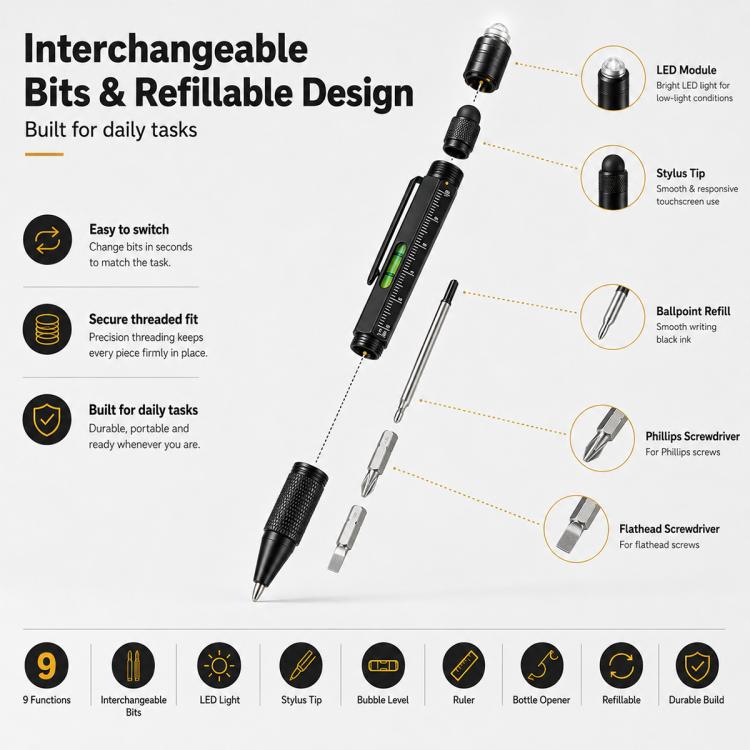 Multifunctional Metal Ballpoint Tool Pen Gift Set with Light, Bottle Opener, Stylus, and Ruler, Lid and Base Box, Color Box – Non-slip