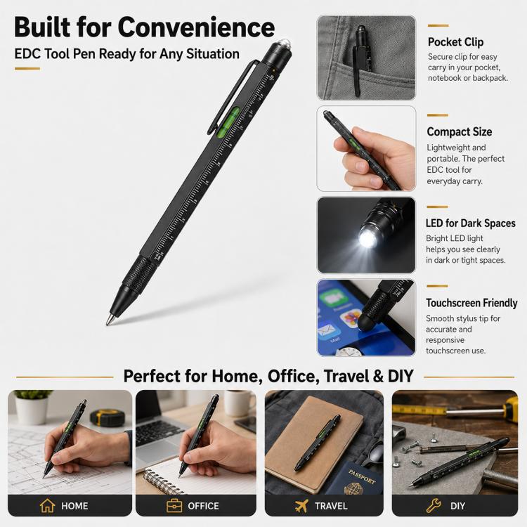 Multifunctional Metal Ballpoint Tool Pen Gift Set with Light, Bottle Opener, Stylus, and Ruler, Lid and Base Box, Color Box – Non-slip