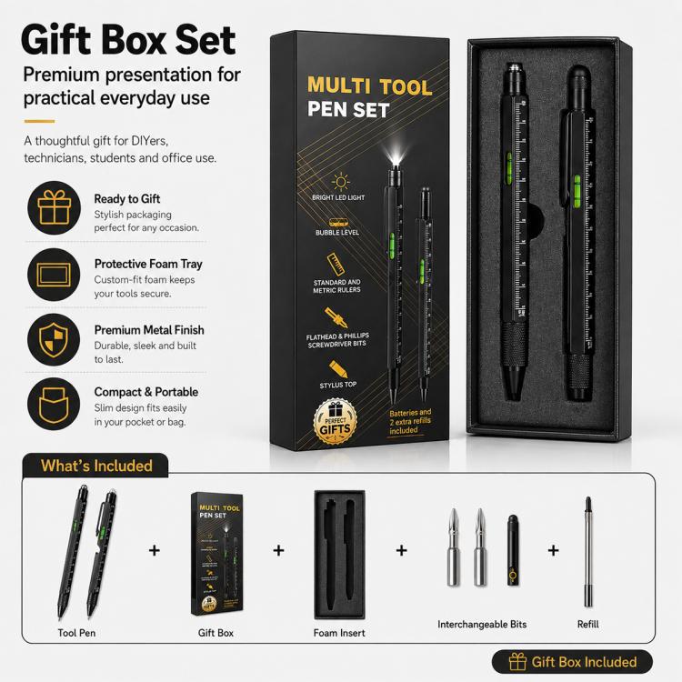 Multifunctional Metal Ballpoint Tool Pen Gift Set with Light, Bottle Opener, Stylus, and Ruler, Lid and Base Box, Color Box – Non-slip