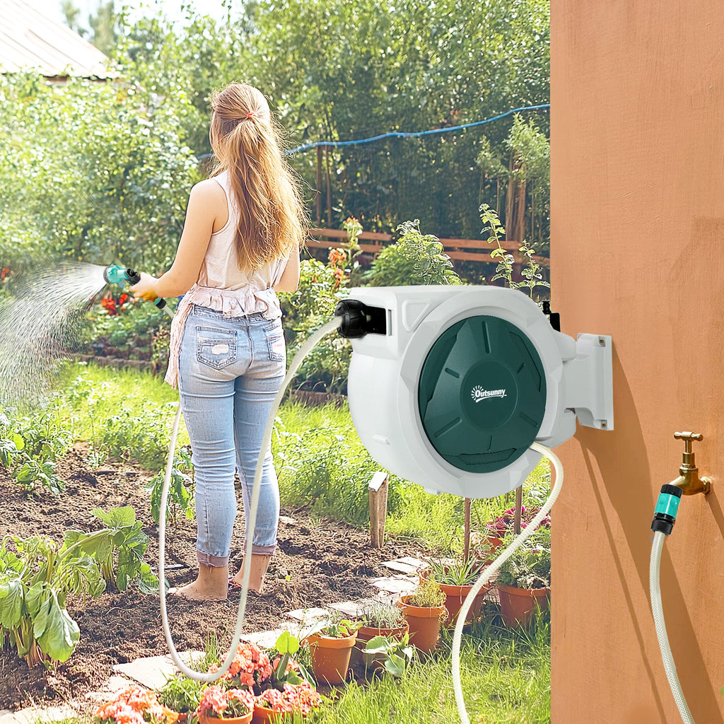Retractable Hose Reel Wall Mounted with Lock, Light Grey