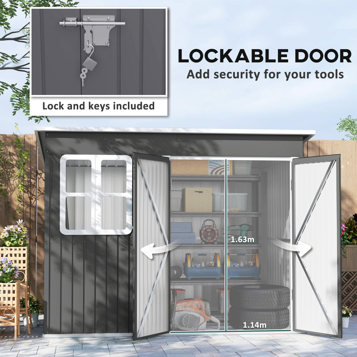 8.5 x 6ft Galvanised Steel Garden Shed with Foundation Kit, Grey