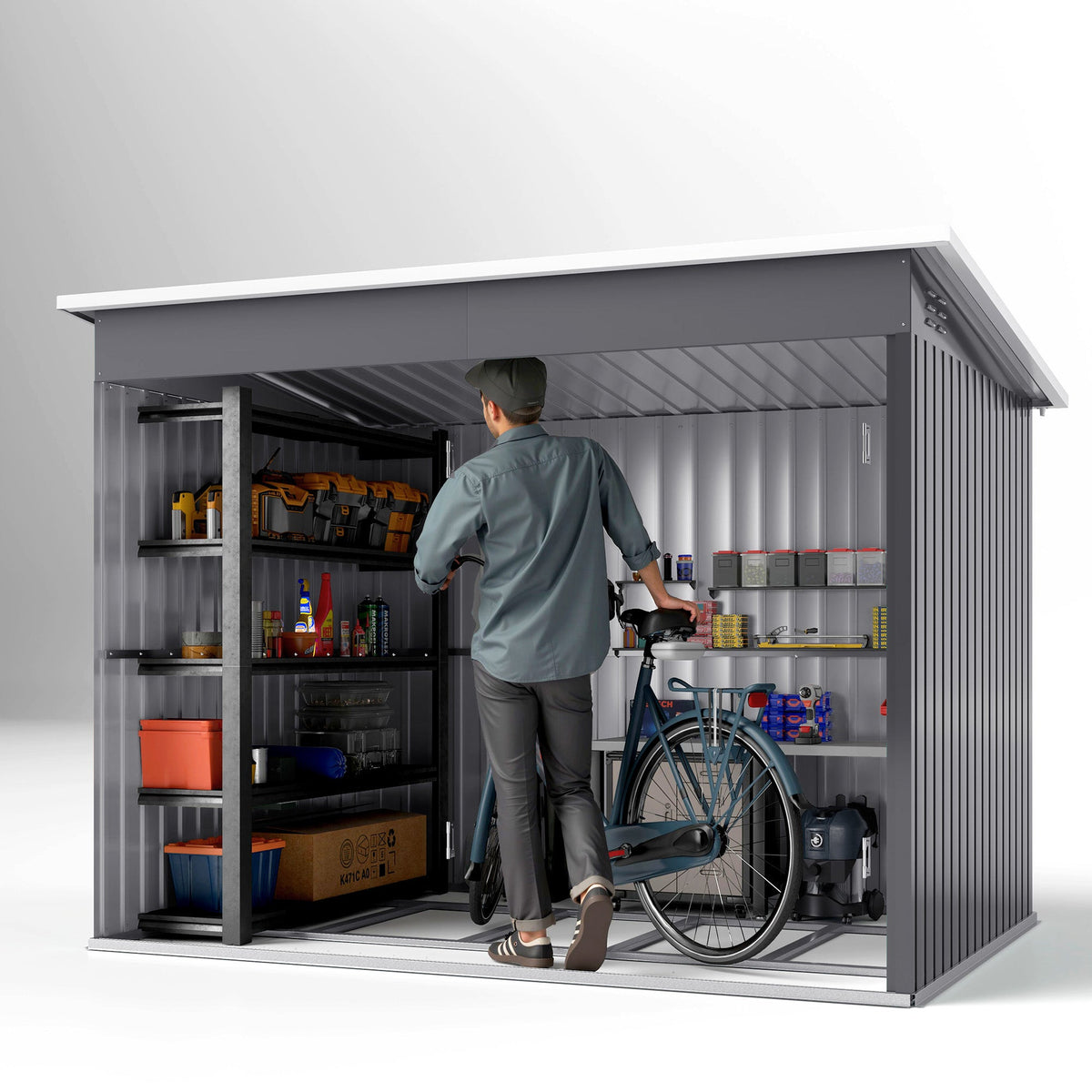 8.5 x 6ft Galvanised Steel Garden Shed with Foundation Kit, Grey