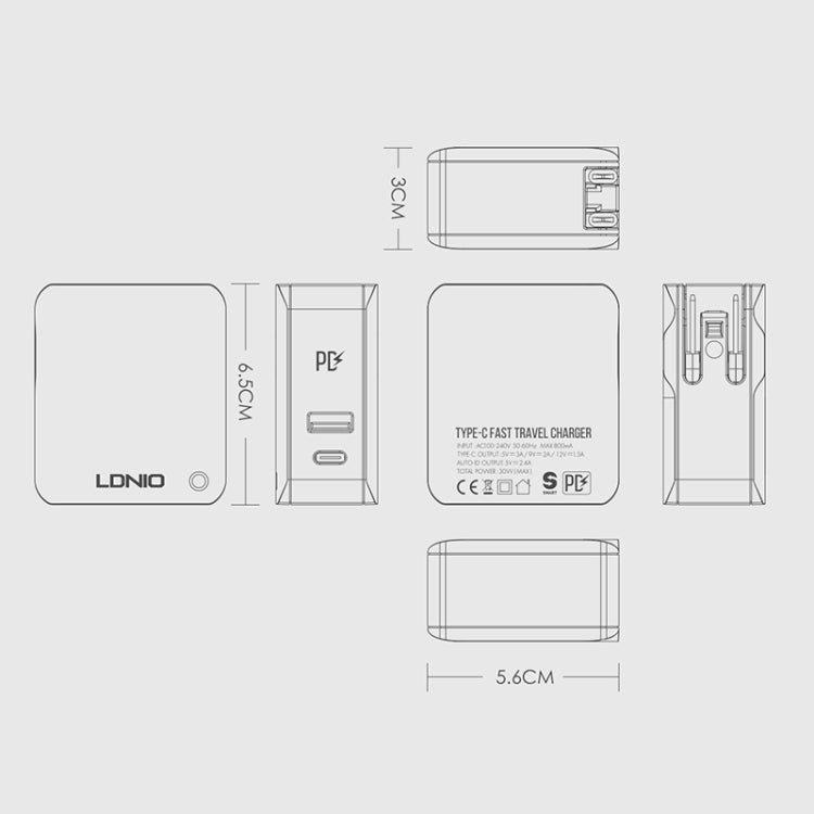 LDNIO A4403C 30W PD + Auto-id Foldable Fast Travel Charger with 1m USB-C / Type-C Cable, AU Plug, with Type-C Cable, 30W with Type-C Cable – TPU