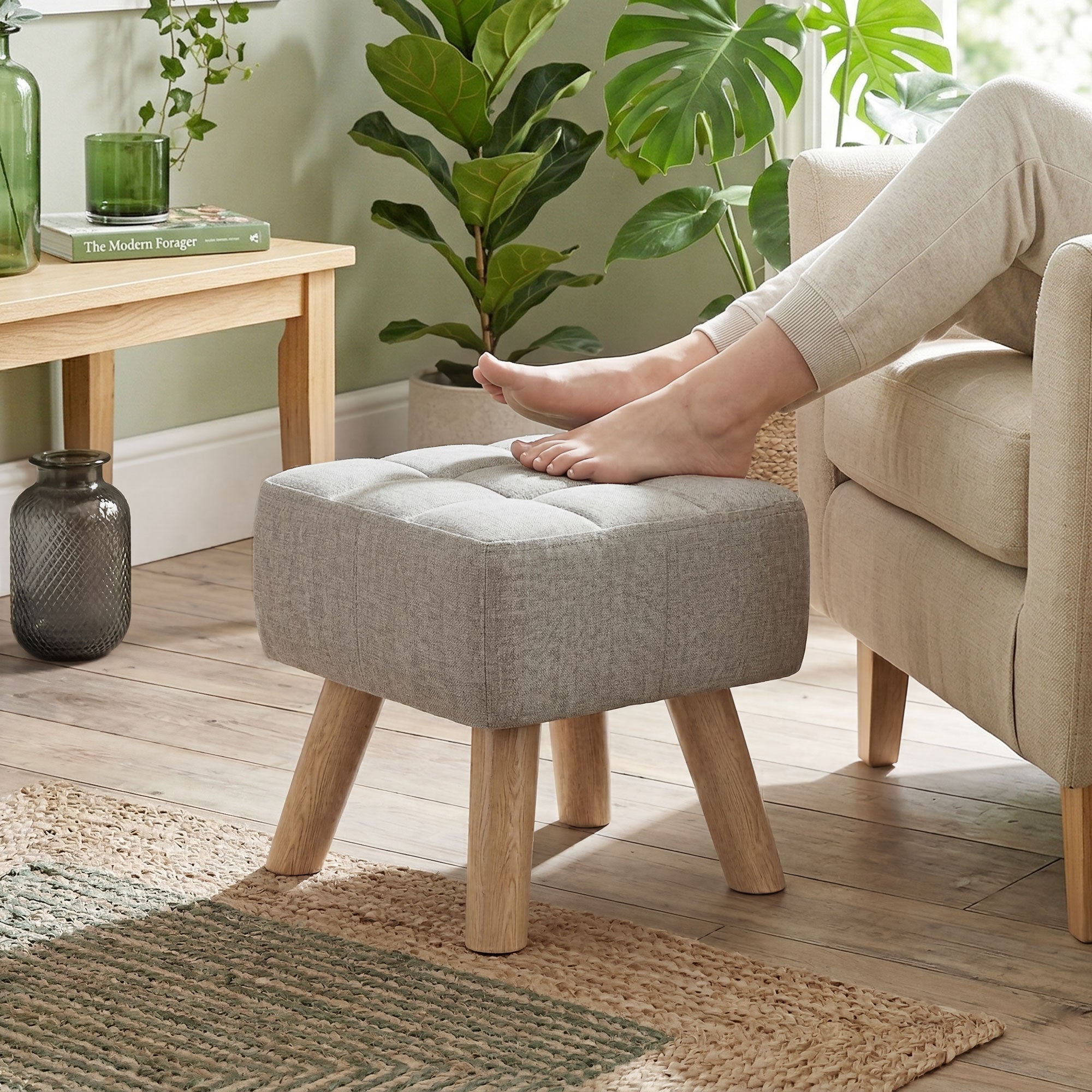Linen-Look Square Padded Footstool - Light Brown Light Brown