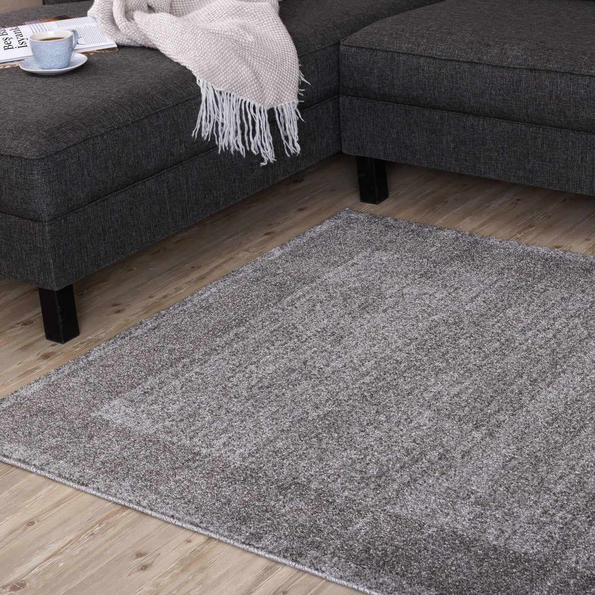 Modern Grey Geometric Border Rug