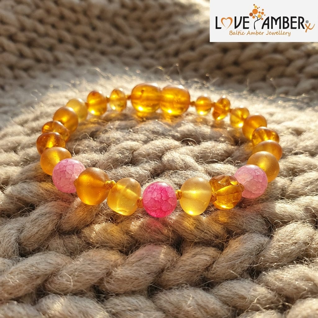 Child Nurture Raw Honey Pink Bead Dragon Agate Baltic Amber Anklet Bracelet