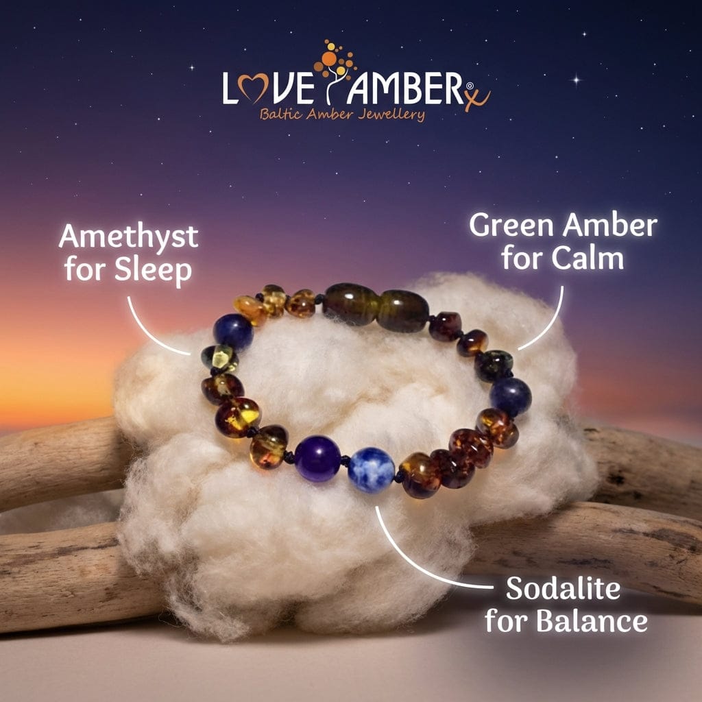 Child Twilight Lapis Lazuli Sodalite Amethyst and Green Baltic Amber Anklet