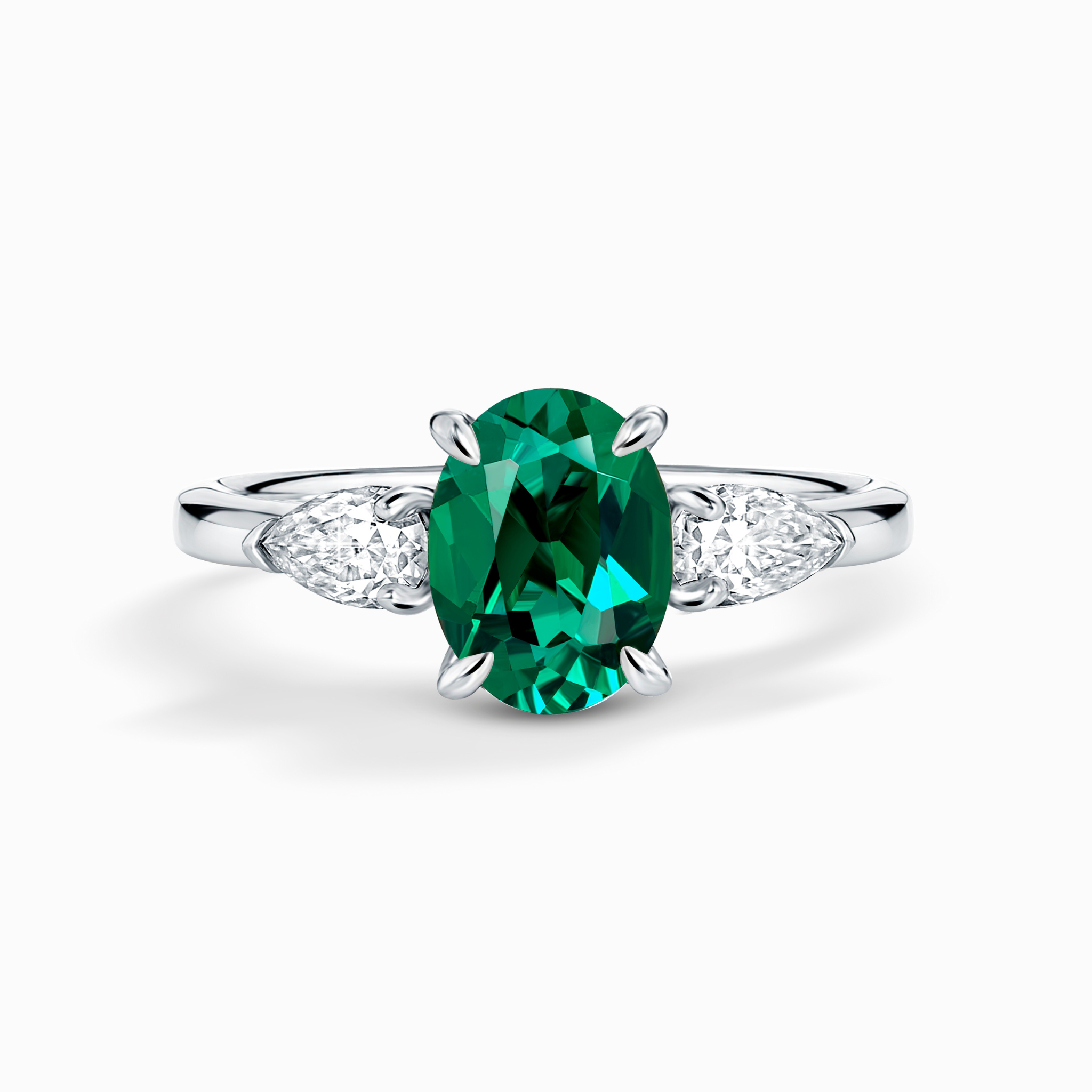 Emerald Oval Cut Three Stone Engagement Ring in Sterling Silver