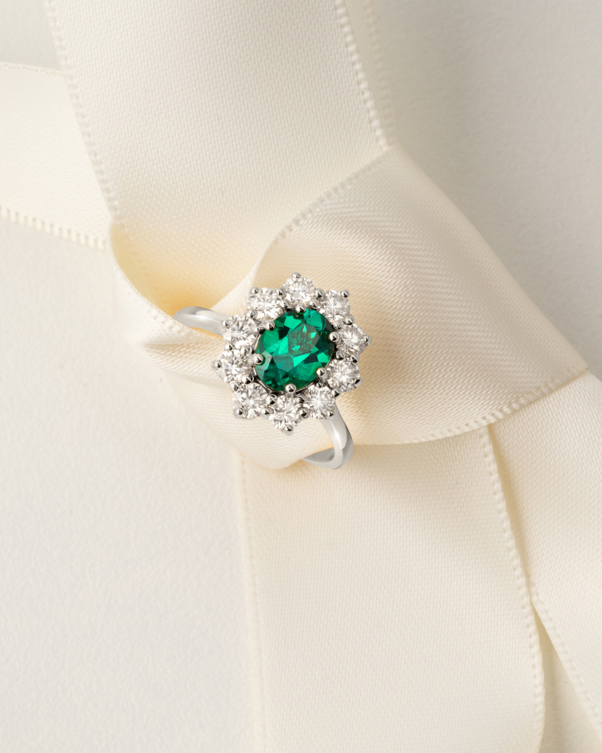 Emerald Halo Engagement Ring in Sterling Silver