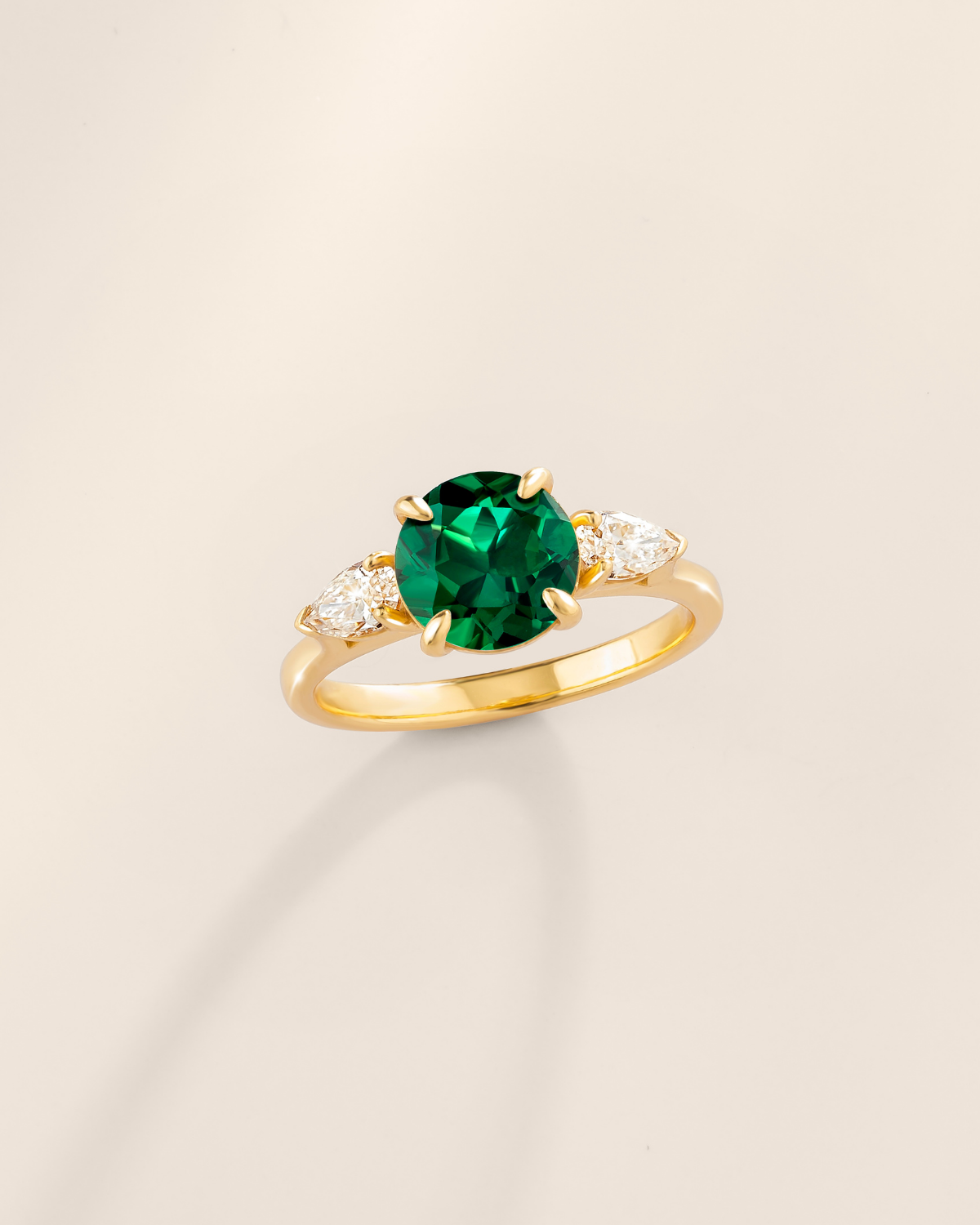 Emerald Round Cut Three Stone Engagement Ring in 18k Gold Vermeil