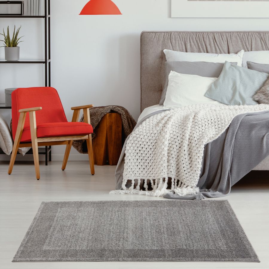 Modern Grey Geometric Border Rug