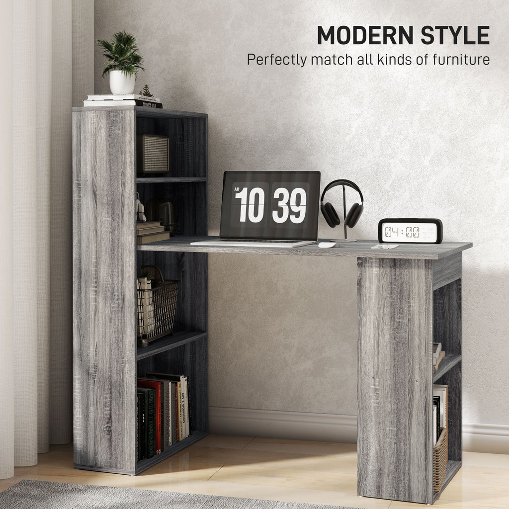 120cm Modern Computer Desk Bookshelf Study Table Workstation PC Laptop Writing Home Office 6 Shelves, Grey Wood-Effect