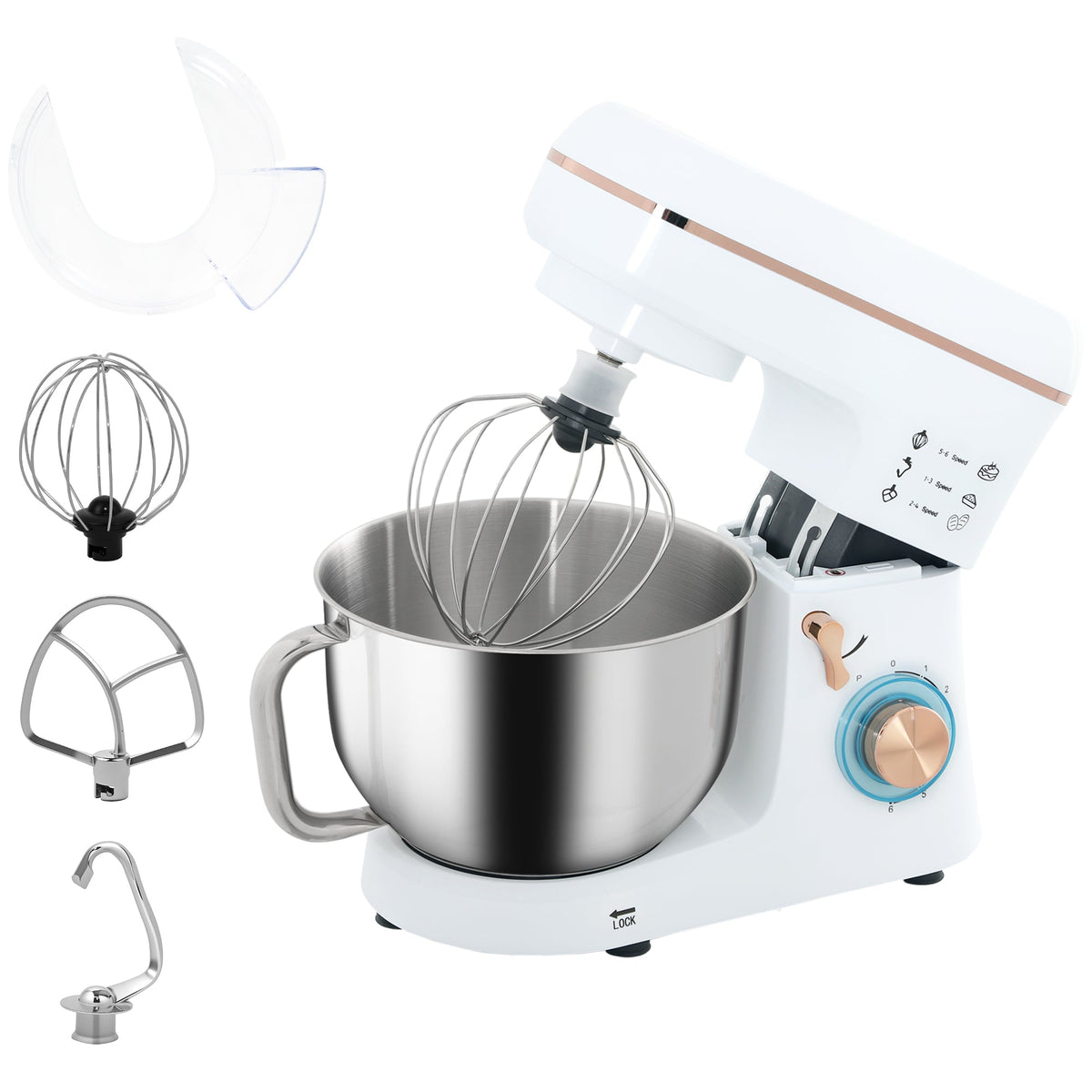 Electric Stand Mixer, 5L Food Mixer with Dough Hook, Whisk, White