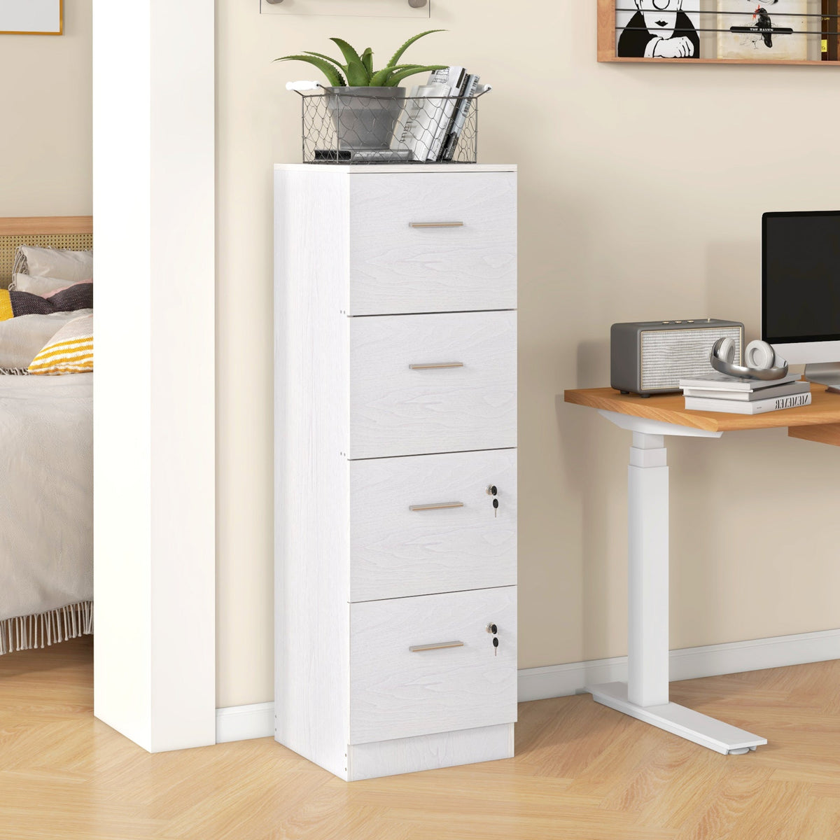 4 Drawer File Cabinet Locking Filing Cabinet, Black Wood Effect