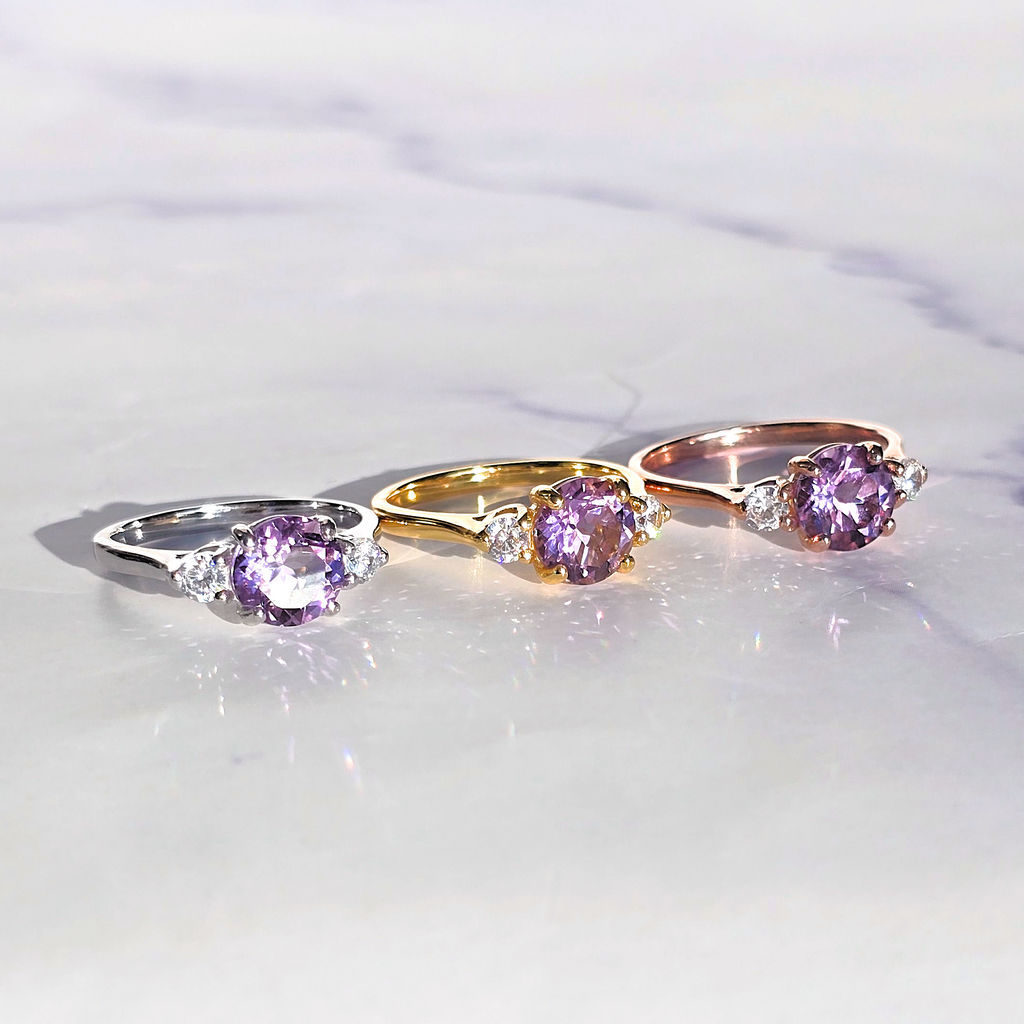 Lavender Amethyst Three Stone Ring in 18k Rose Gold Vermeil