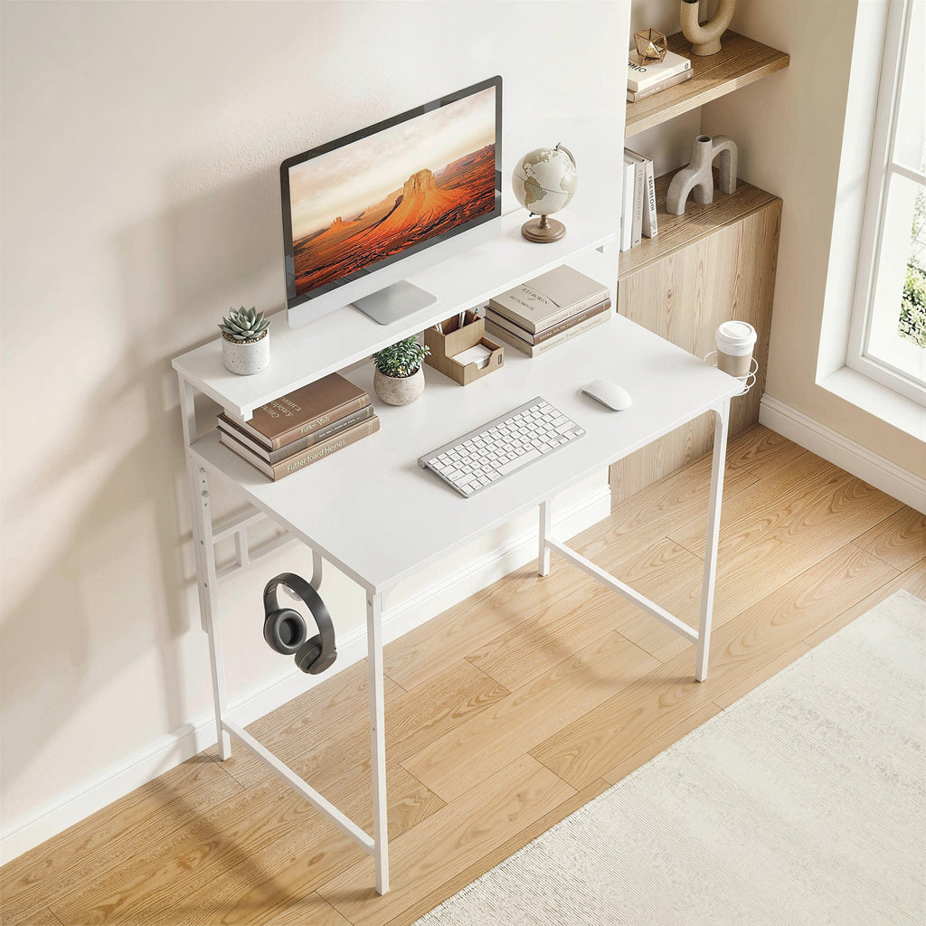 Computer Desk, 80cm Home Office Study Table with Hutch Shelf, Cup Holder, Headphone Hook, White White