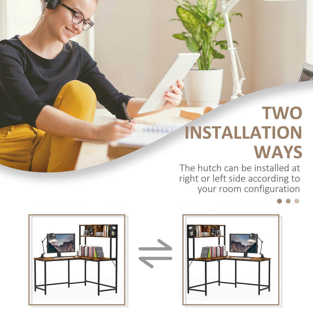 Reversible L Shaped Desk with Hutch, Industrial Computer Desk, Corner Desk with Storage Compartments and Steel Frame for Home Office, Study, 140 x 125cm, Brown