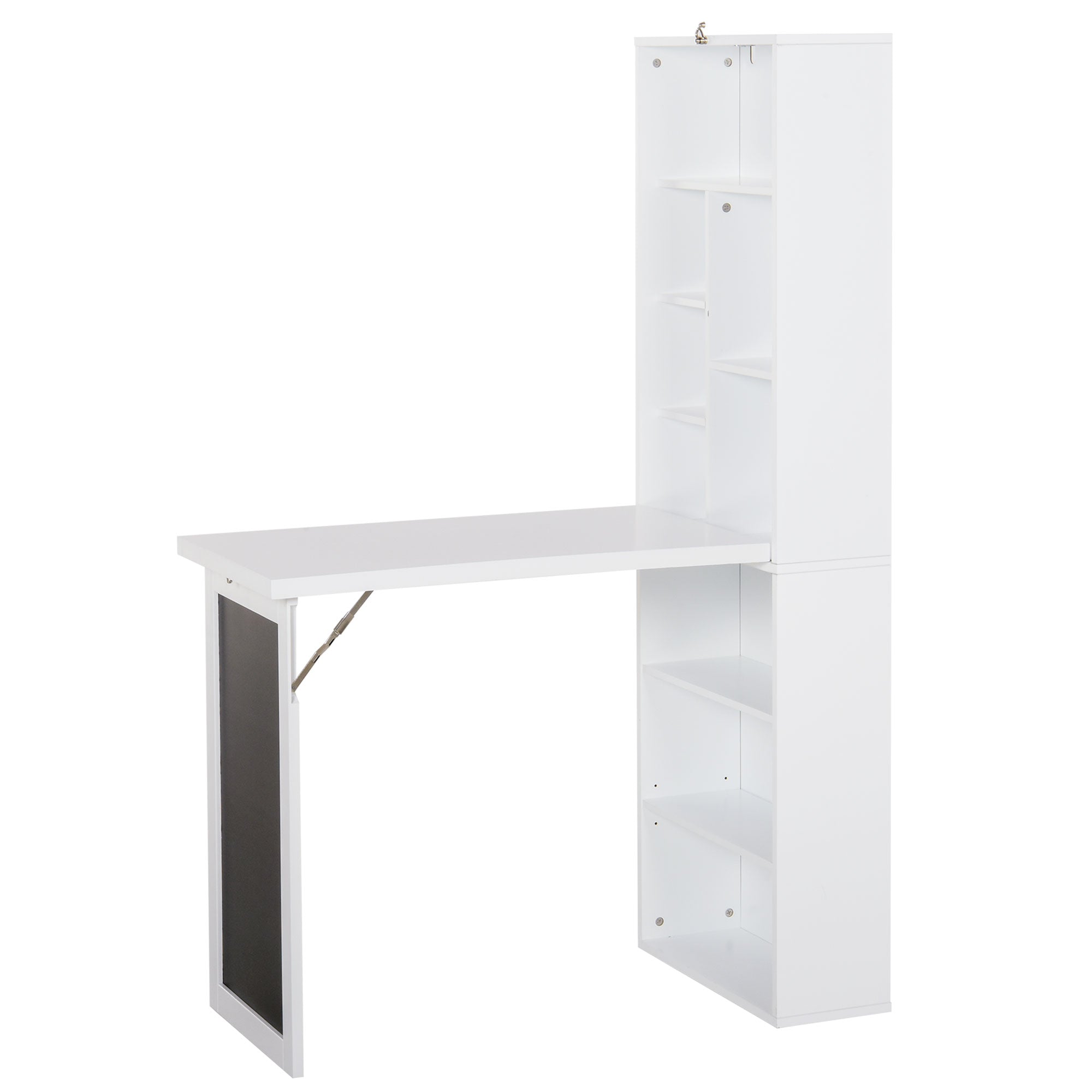 Wall Mounted Computer Desk, Folding Study Table with Black Board and Bookshelf, Multifunctional Floating Writing Desk for Home Office, White