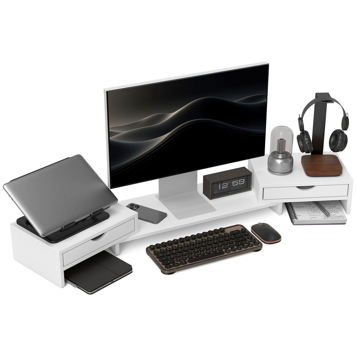 Dual Monitor Stand Riser with Adjustable Length and Angle White