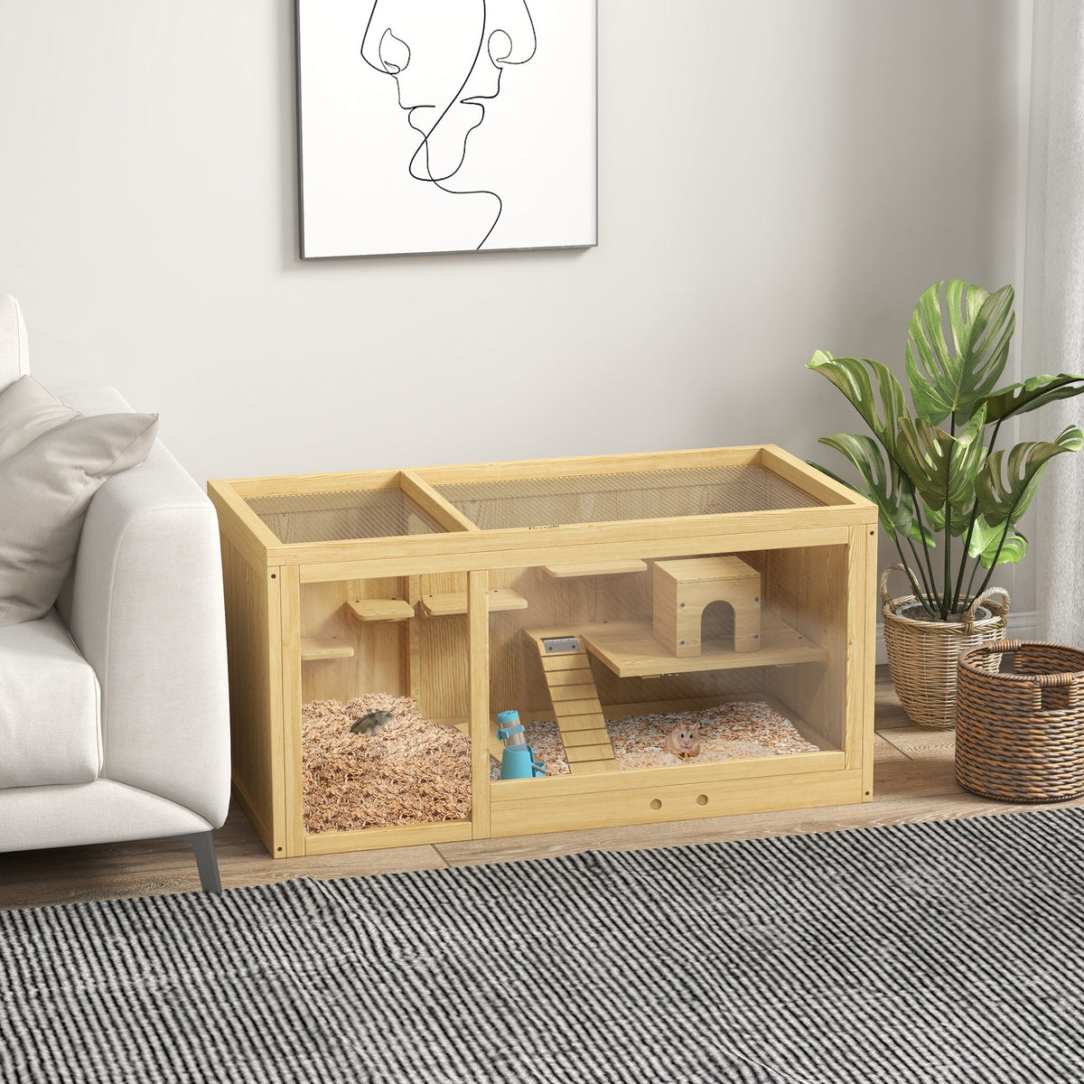 Wooden Hamster Cage with Water Bottle, Platforms, Openable Roof