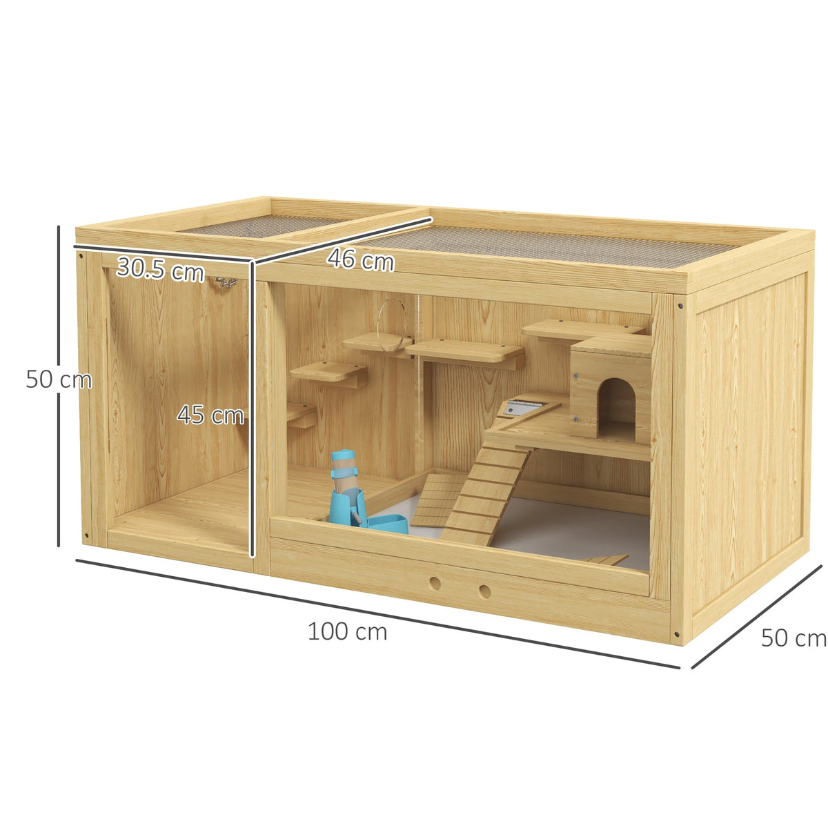 Wooden Hamster Cage with Water Bottle, Platforms, Openable Roof
