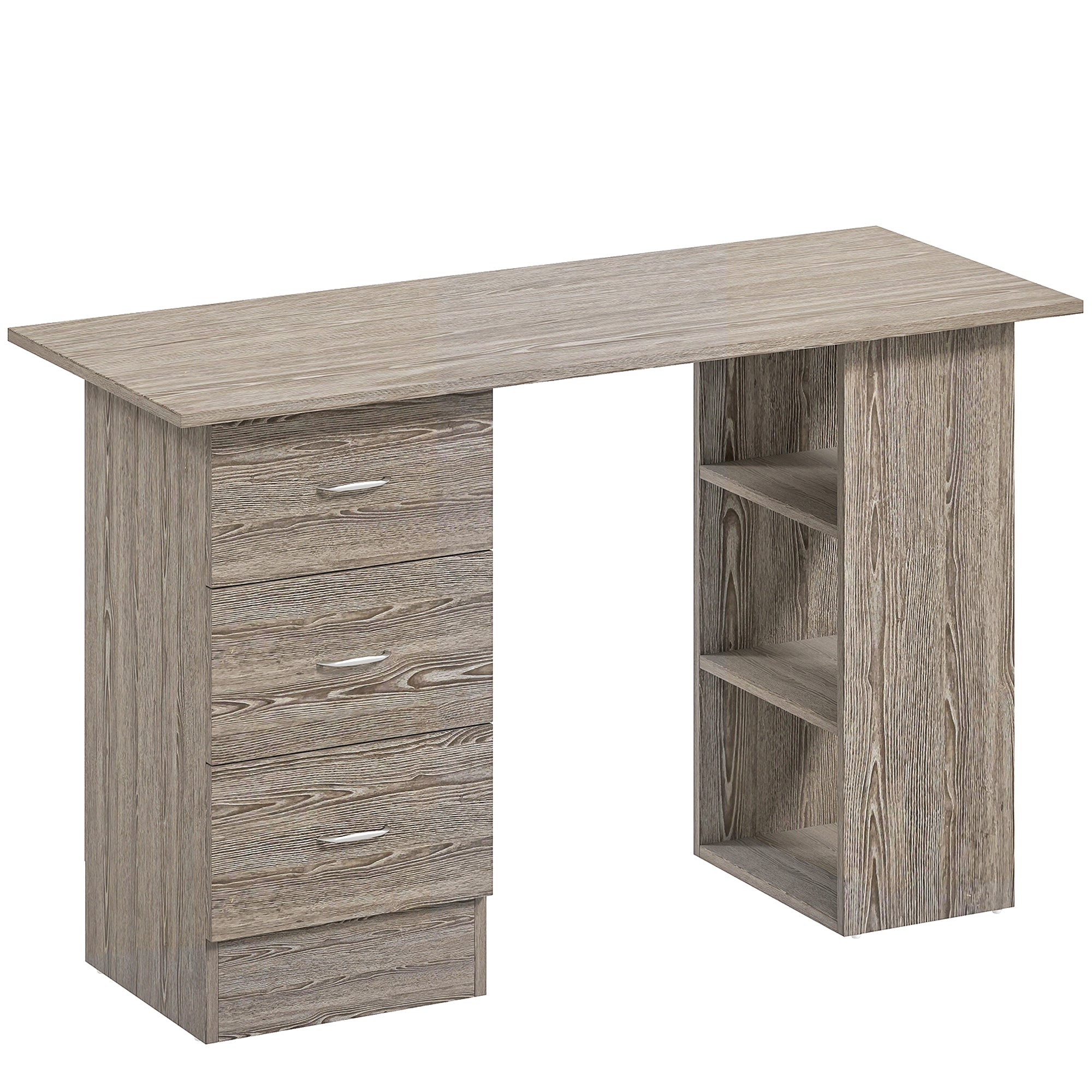 Computer Desk, Writing Table, PC Workstation with 3 Storage Shelves and Drawers, Silver Handle, for Home Office, Grey