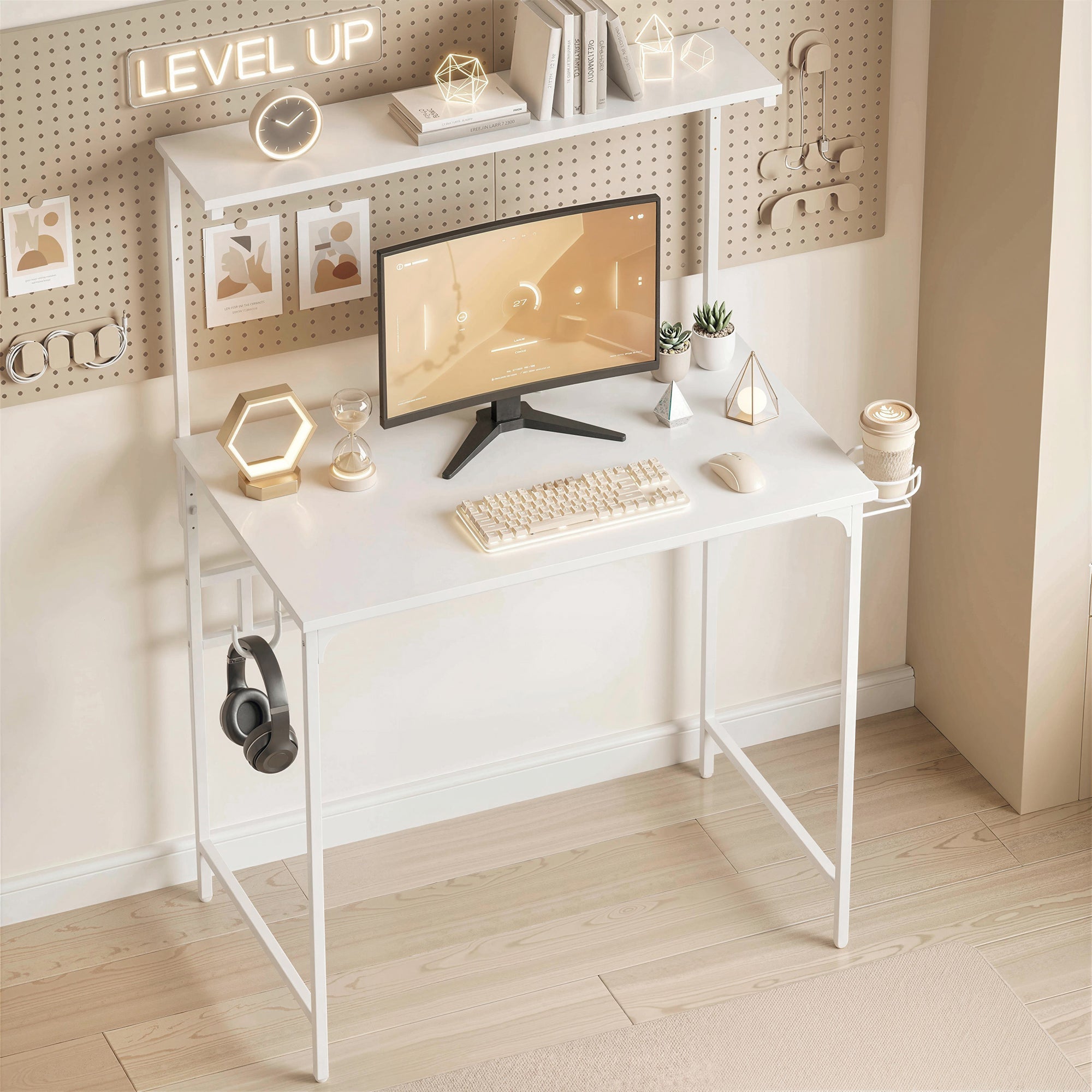 Computer Desk, 80cm Home Office Study Table with Hutch Shelf, Cup Holder, Headphone Hook, White