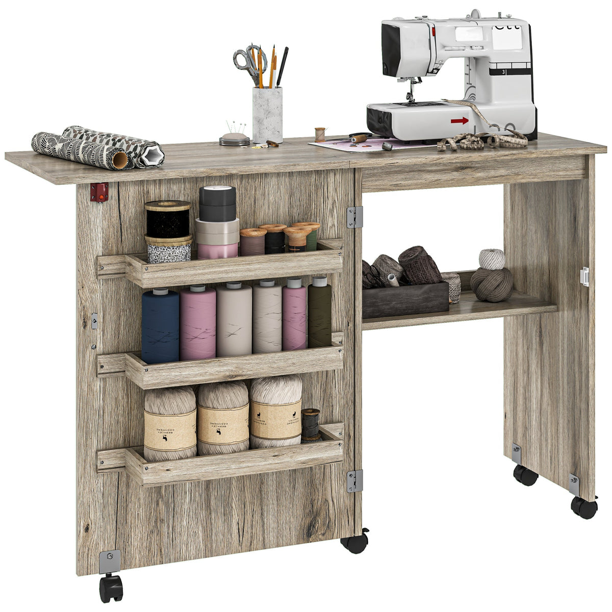 Folding Sewing Table Rolling Craft Table with Drop Leaf Wheels Grey