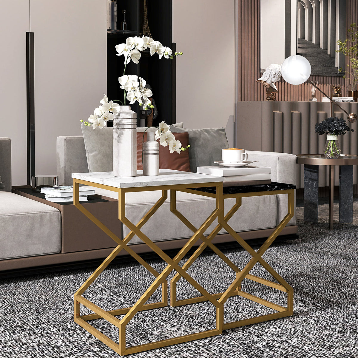Nest Of Tables, Coffee Table Set with Steel Frame Black/White