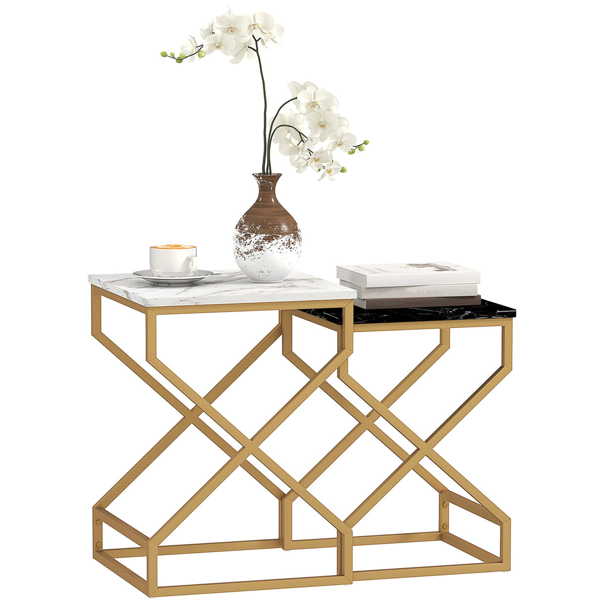 Nest Of Tables, Coffee Table Set with Steel Frame Black/White