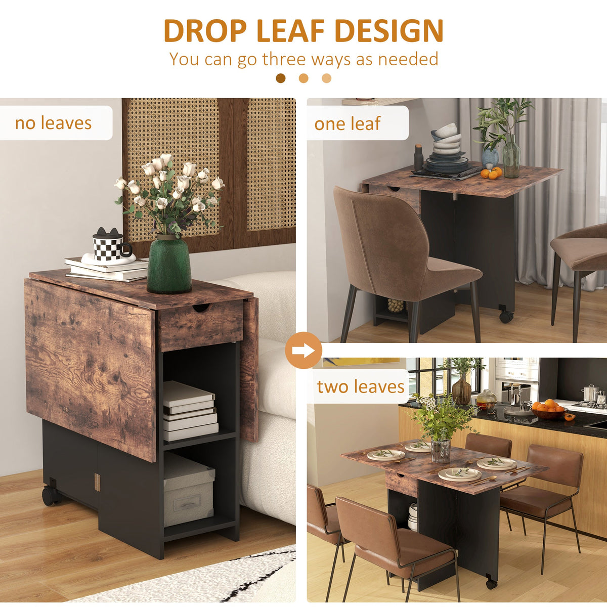Foldable Dining Table, Drop Leaf Table with Storage, Rustic Brown