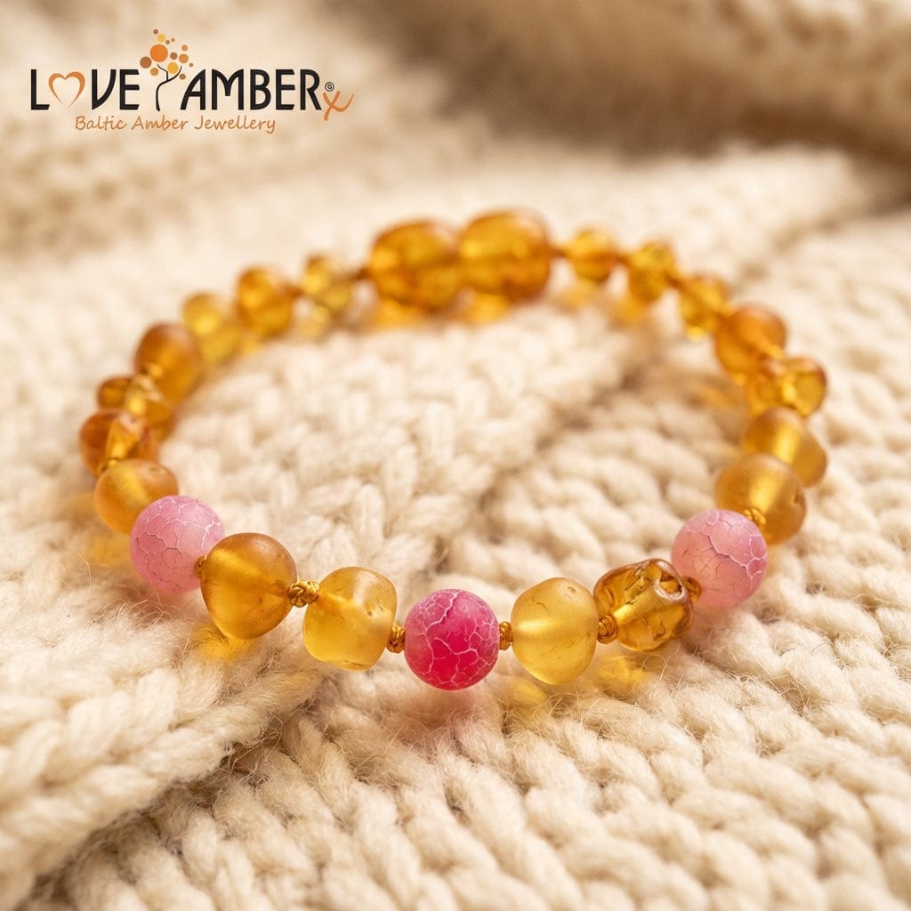 Child Nurture Raw Honey Pink Bead Dragon Agate Baltic Amber Anklet Bracelet