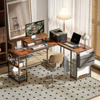 168cm Reversible L Shaped Desk, Industrial Corner Computer Desk with Adjustable Shelf and Storage Bag, 240cm 2 Person Desk with Monitor Stand, Rustic Brown